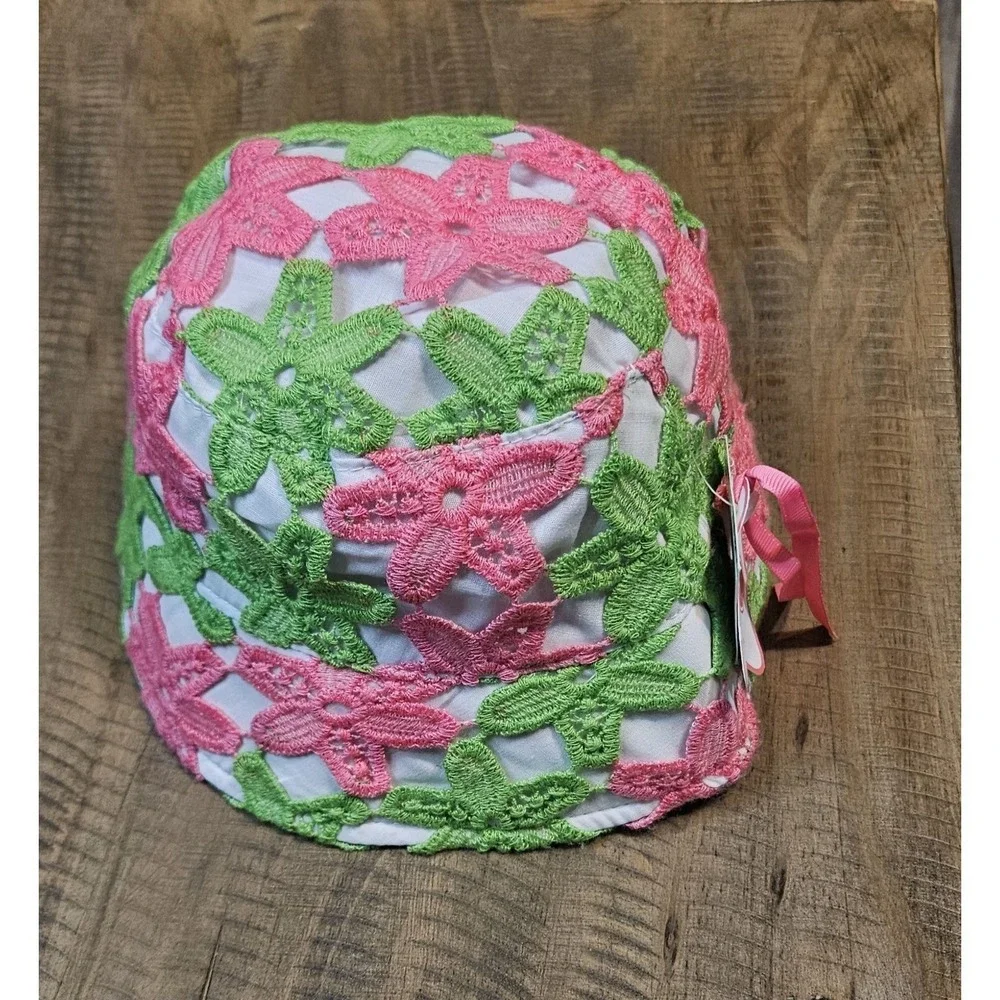 💜🩷Mud PiePink/green Floral‎ Embroidery Baby Girl Infant Hat One Size 💜🩷